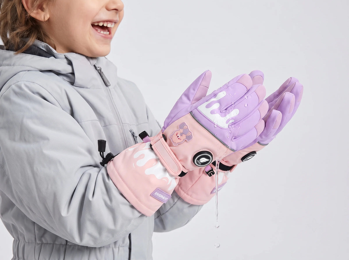 Savior Heat bear-print kids heated ski gloves with water-resistant protection for snowy days