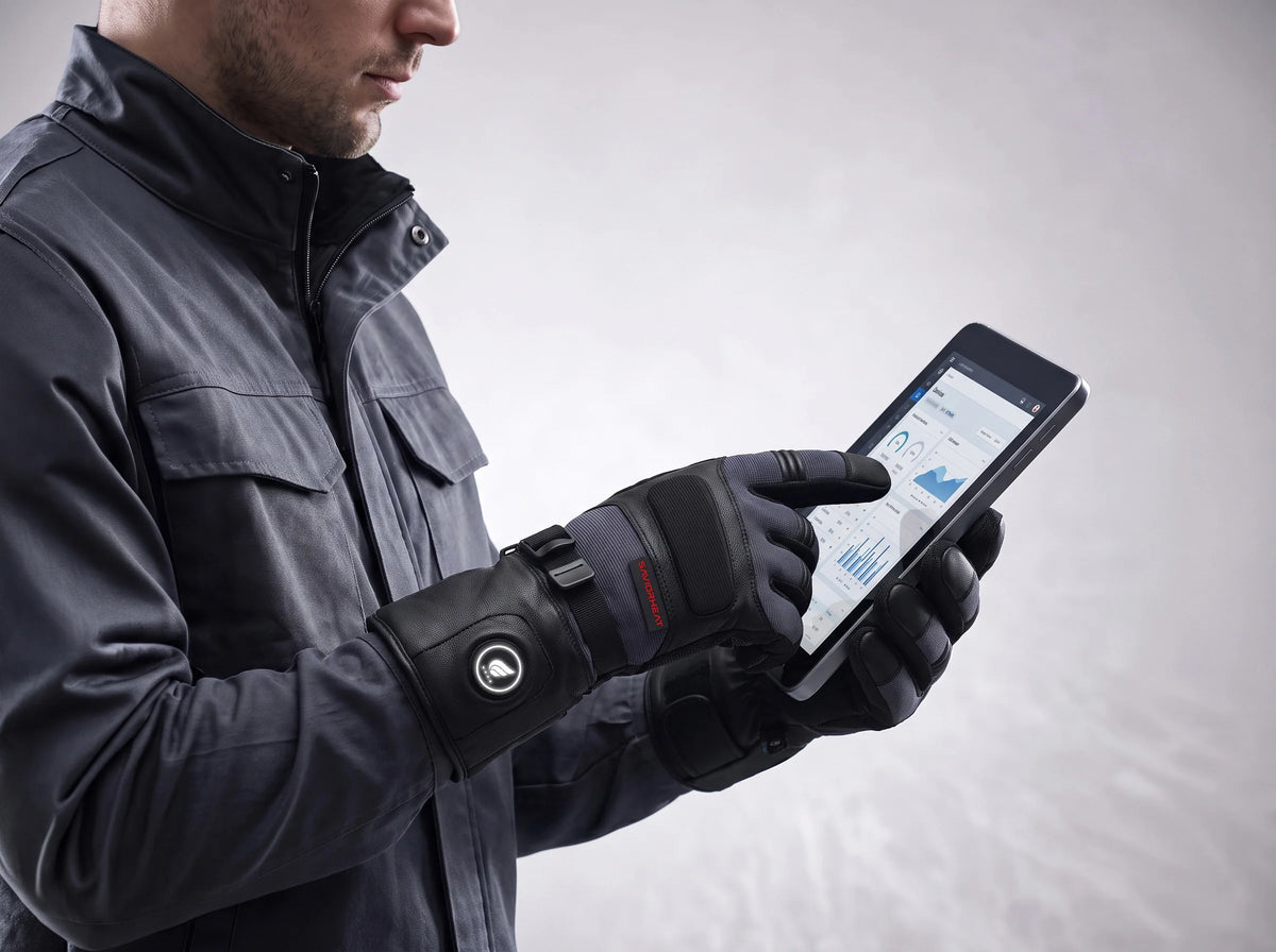 Touchscreen-compatible Savior Heat Pro Black goatskin heated work gloves for convenient phone use
