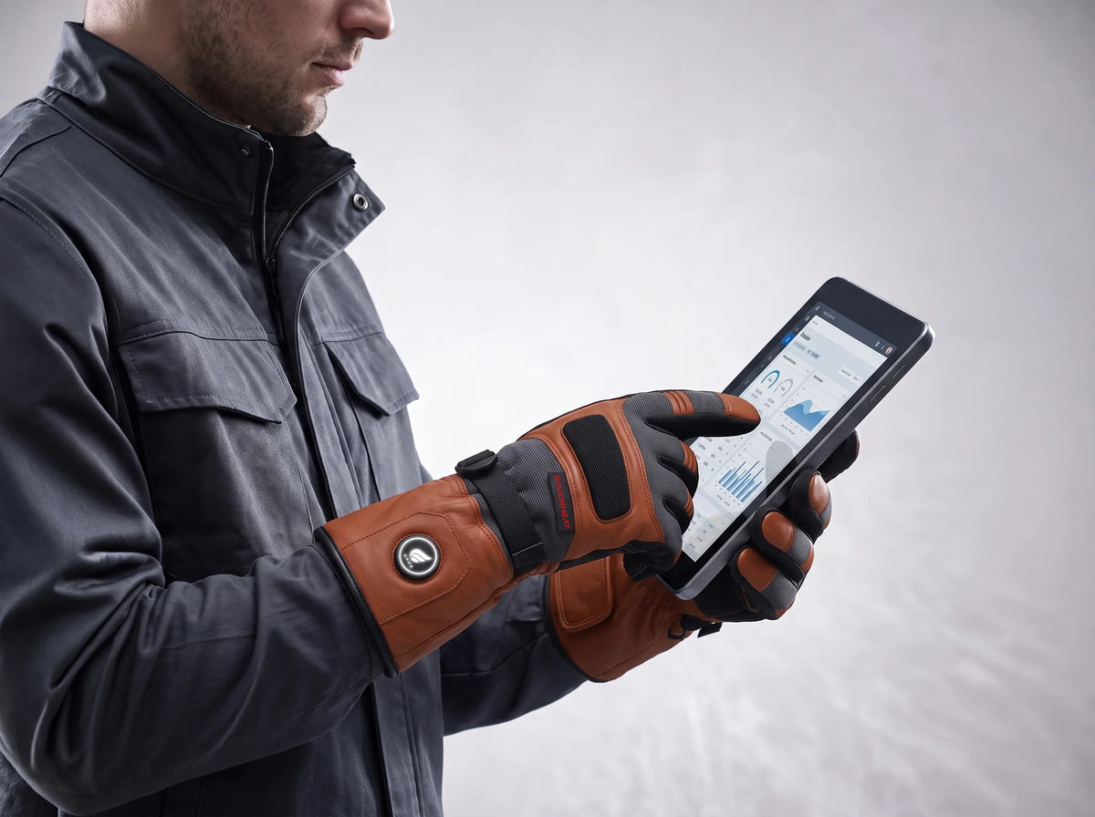 Touchscreen-compatible Savior Heat Classic Brown goatskin heated work gloves for easy phone use
