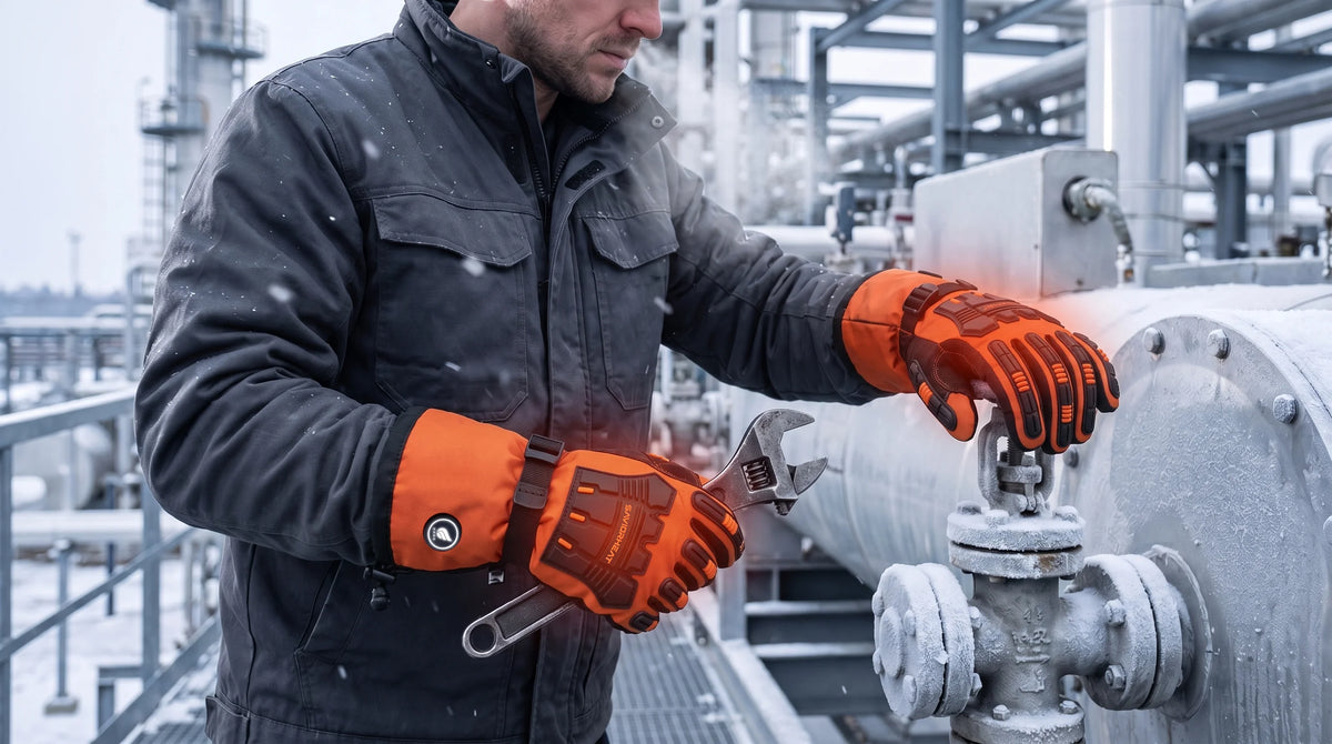 Savior Heat Safety Orange heated work gloves shown with rugged protection and secure hook-and-loop cuff