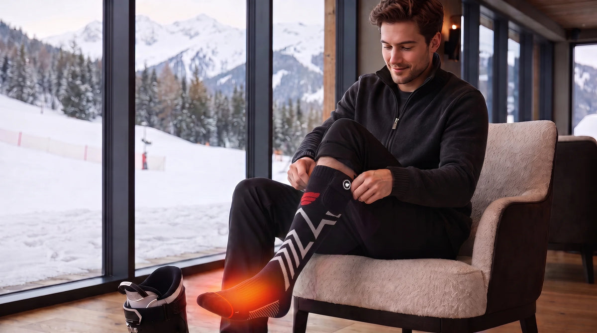Savior Heat Silverline heated ski socks shown in an all-around comfort design for winter activities