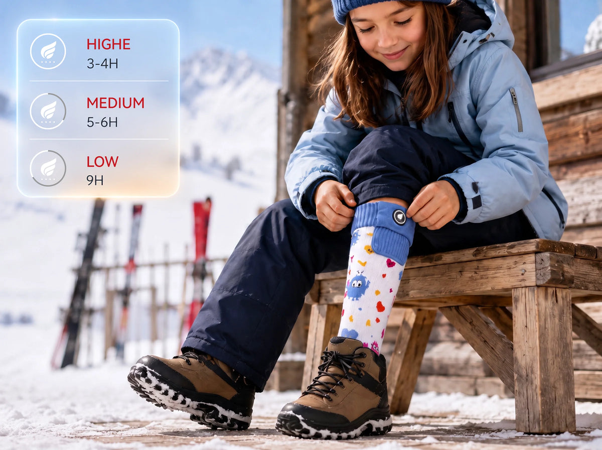 Savior Heat monster-print kids heated ski socks designed for longer-lasting warmth on winter days