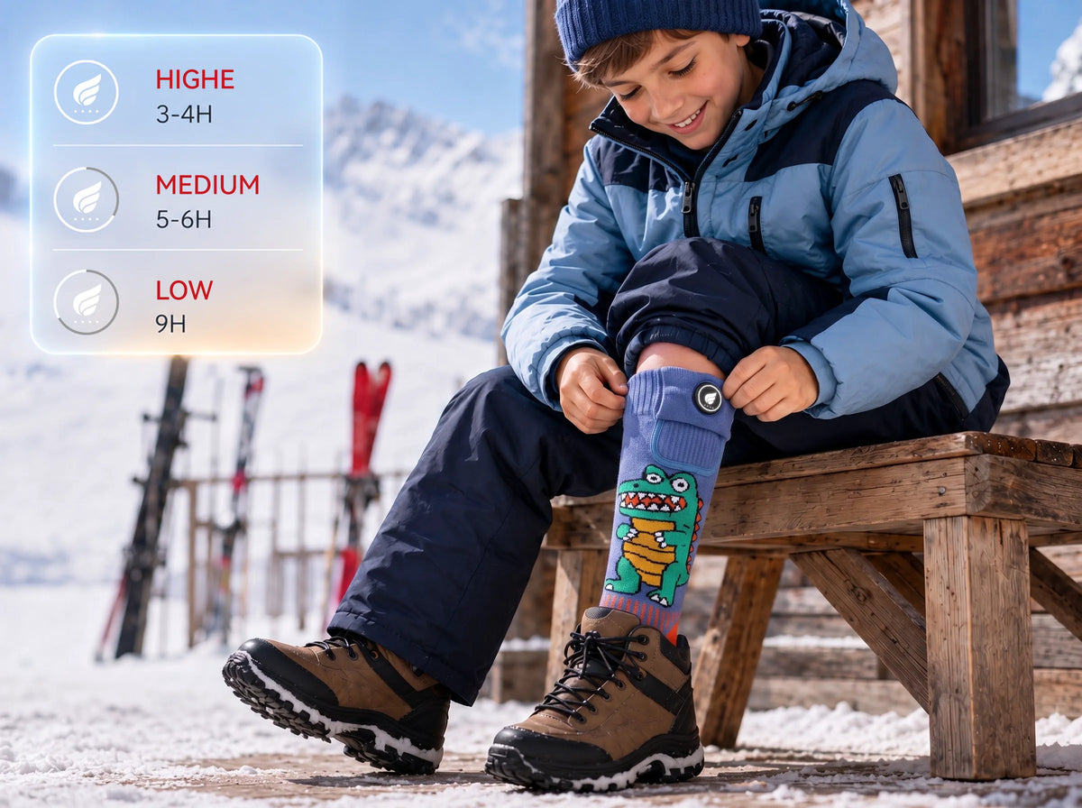 Savior Heat crocodile-print kids heated ski socks designed for longer-lasting warmth on winter days
