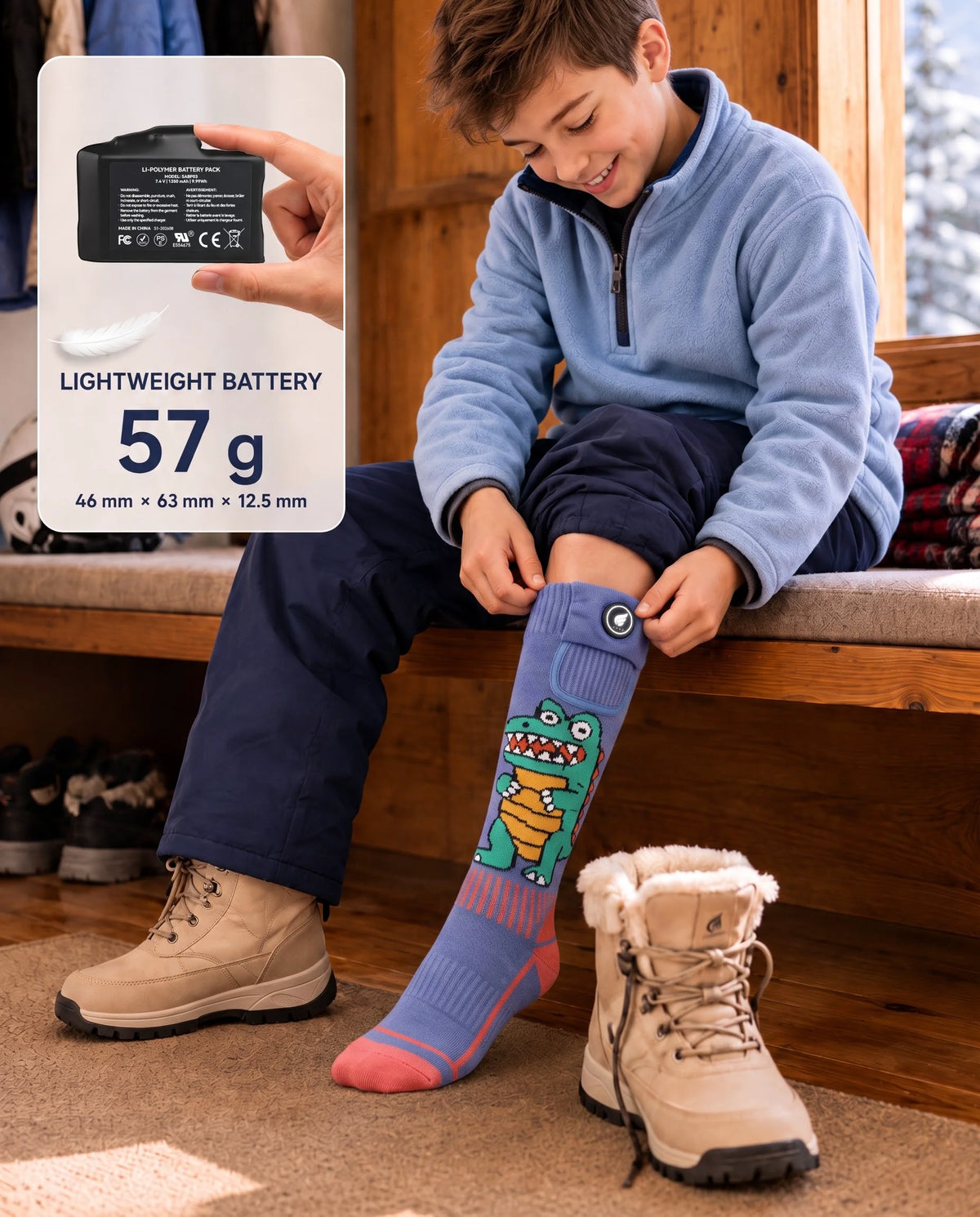 Savior Heat crocodile-print kids heated ski socks with a lightweight kid-friendly rechargeable battery