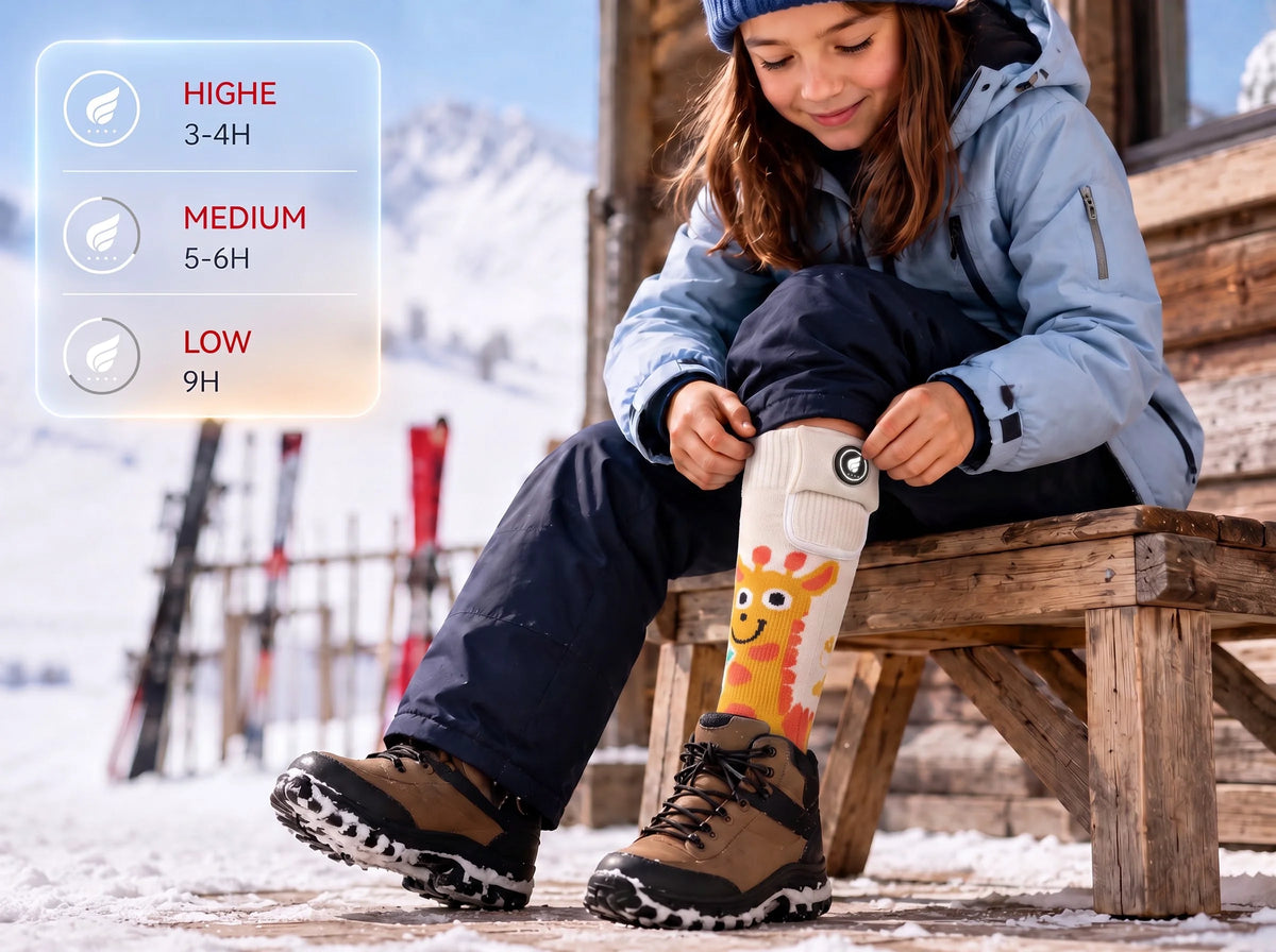 Savior Heat giraffe-print kids heated ski socks designed for longer-lasting warmth on winter days