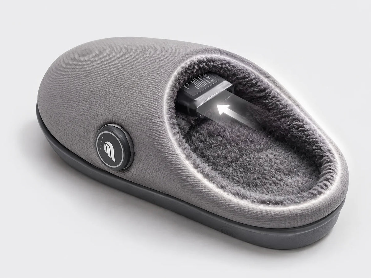 Savior Heat easy slip-on heated slippers with a concealed battery pocket for a cleaner fit