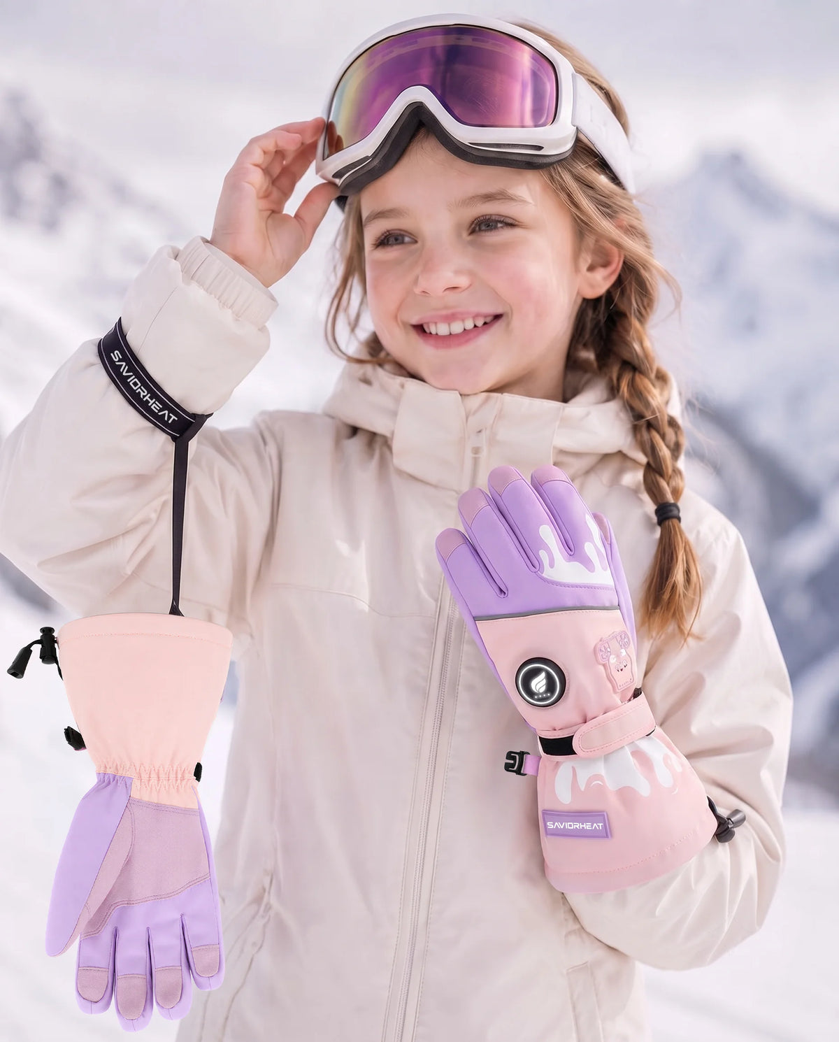 Savior Heat bear-print kids heated ski gloves with a secure wrist strap for active snow play