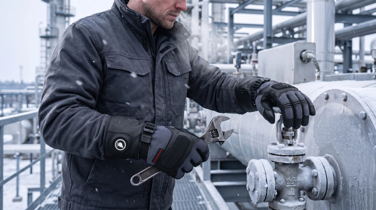 Savior Heat Pro Black goatskin heated work gloves shown with rugged protection and winter-ready design