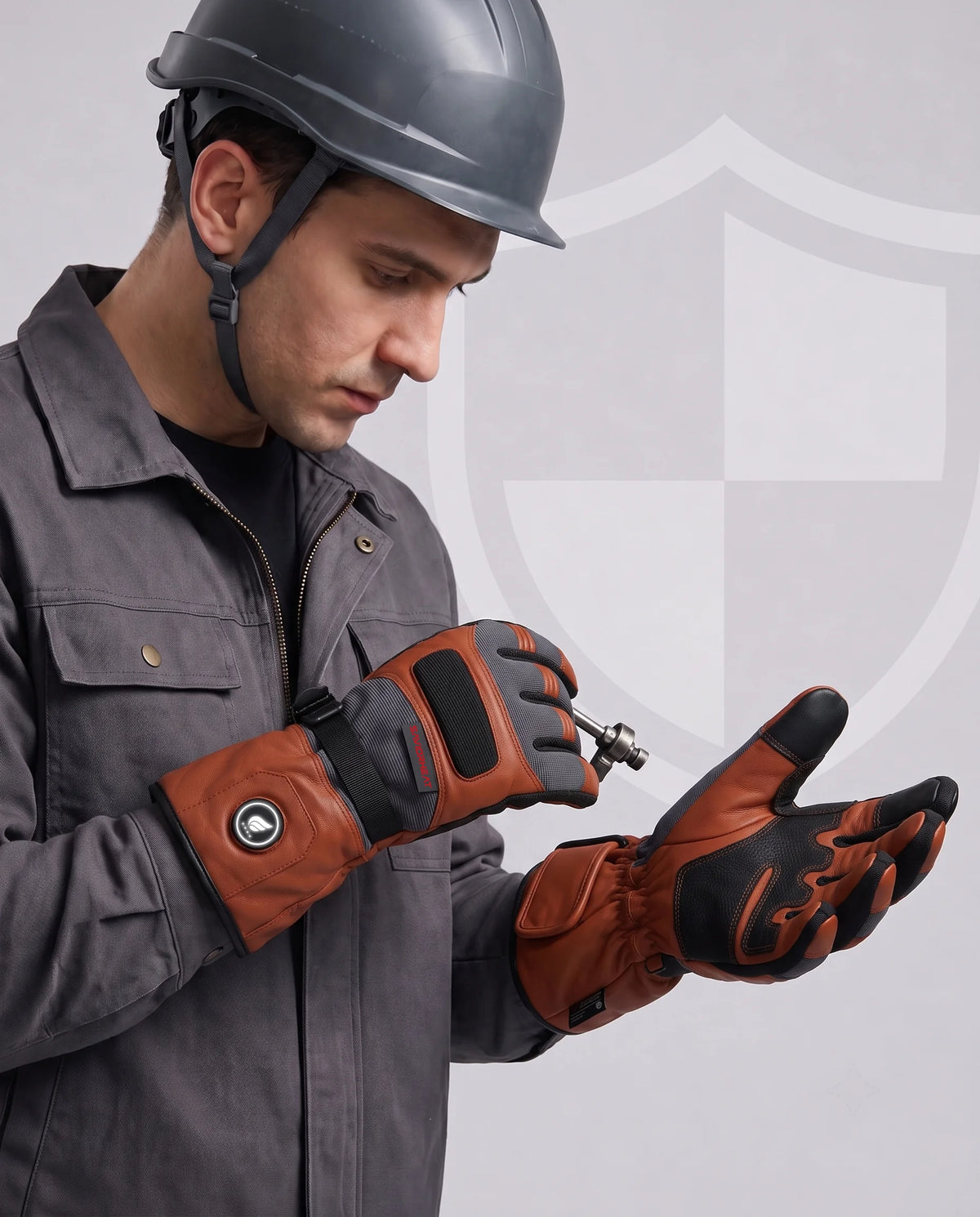 Savior Heat Classic Brown goatskin heated work gloves with reinforced anti-slip palm grip