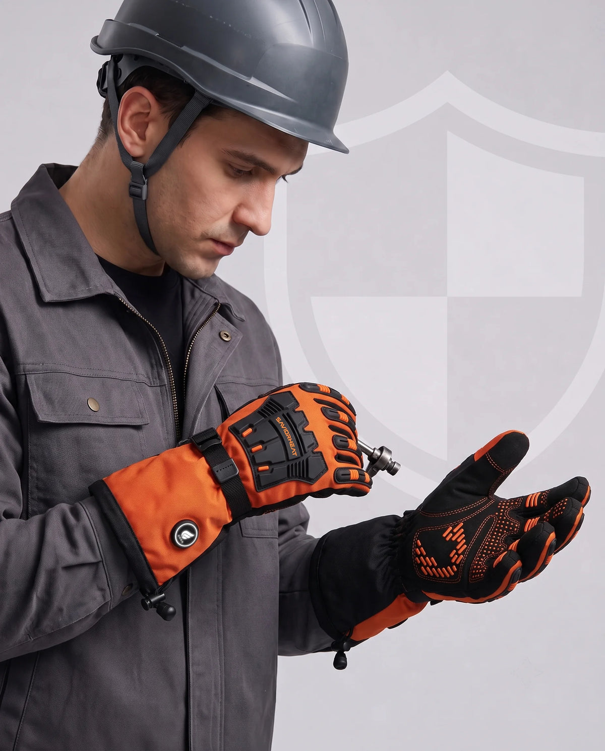 Savior Heat Safety Orange heavy-duty heated work gloves with reinforced anti-slip palm grip