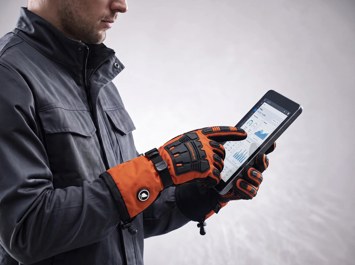 Touchscreen-compatible Savior Heat Safety Orange heated work gloves for convenient phone use on the job