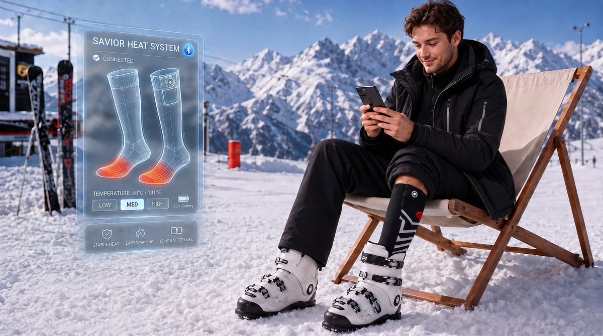 Close-up of Savior Heat Silverline heated ski socks highlighting knit construction and everyday comfort