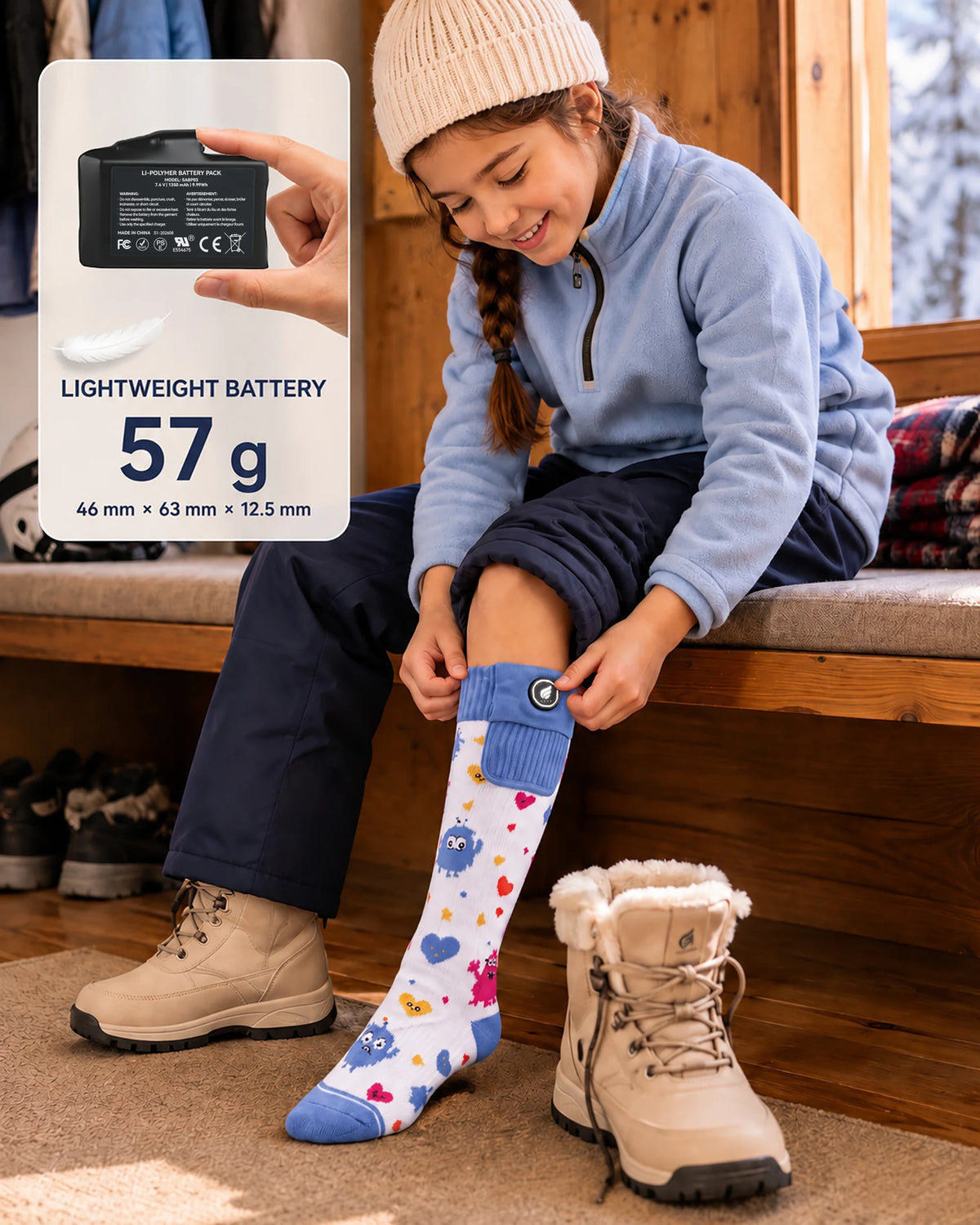 Savior Heat monster-print kids heated ski socks with a lightweight kid-friendly rechargeable battery