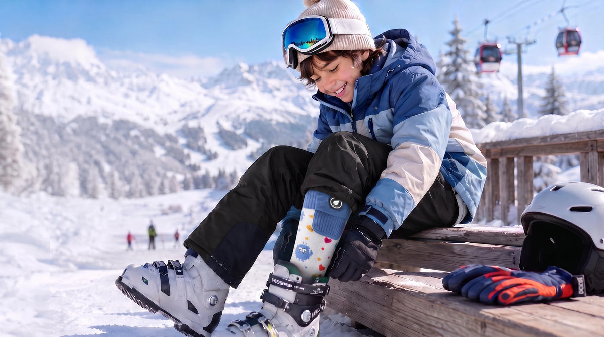 Savior Heat monster-print kids heated ski socks shown in a playful winter-ready design