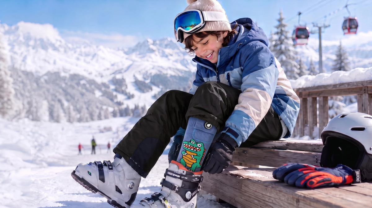 Savior Heat crocodile-print kids heated ski socks shown in a playful winter-ready design