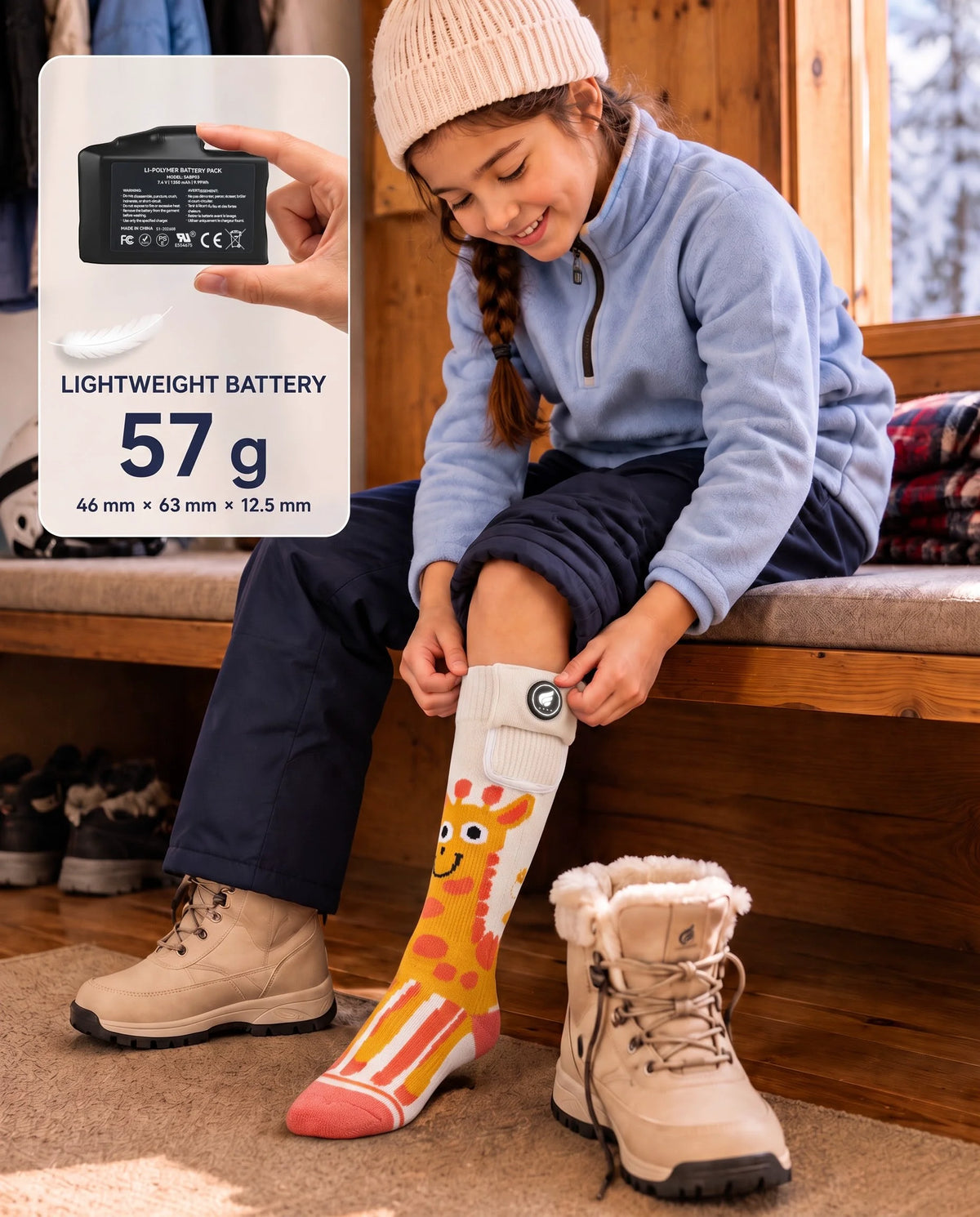 Savior Heat giraffe-print kids heated ski socks with a lightweight kid-friendly rechargeable battery