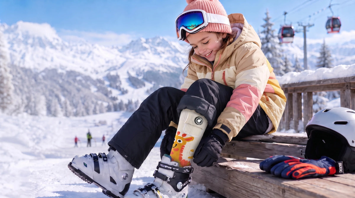 Savior Heat giraffe-print kids heated ski socks shown in a playful winter-ready design