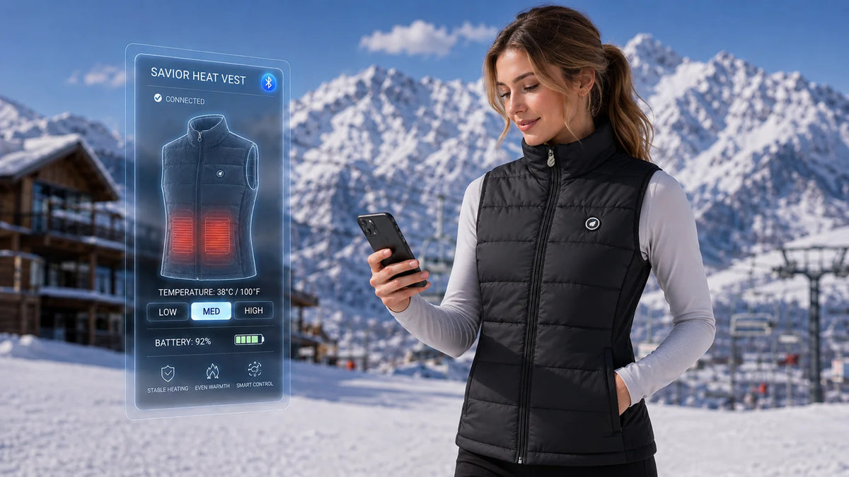 Close-up of Savior Heat women's stretch-side heated vest fit and construction